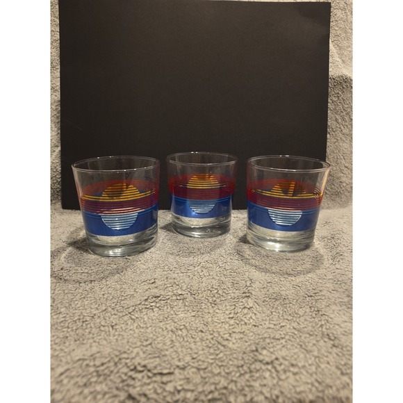 Anchor Hocking Other - VINTAGE 1988 ANCHOR HOCKING WHISKEY GLASSES 3.5" Gold‎ Red Blue Set Of 3